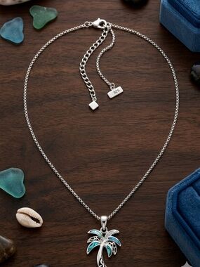 Sterling Palm Tree Pendant Necklace in Blue-Green